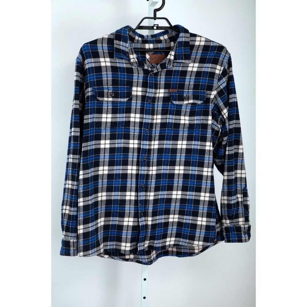 Orvis Flannel Shirt Men XXL Blue Black White Plaid Button Down Long Sleeve